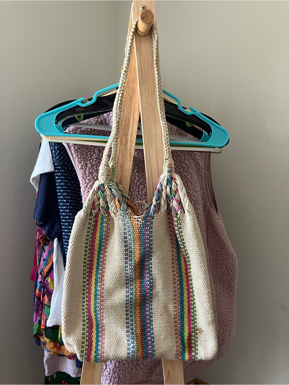 Colorful Striped Woven Tote Shoulder Bag in Natural Cream